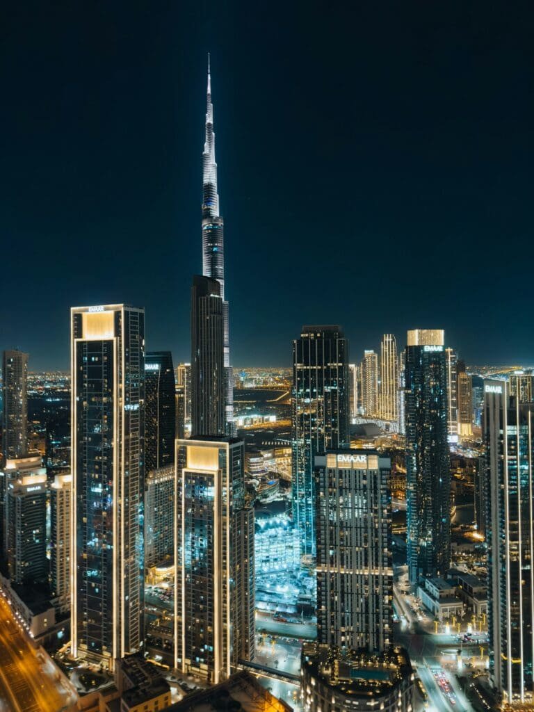 A corporate view of the Dubai Marina skyline, representing the offshore allure that triggers the Dubai company tax trap for Spanish tax residents.