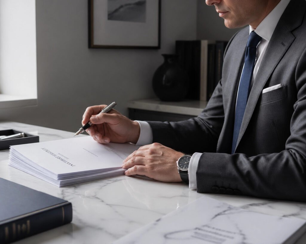 Close-up of a wealth manager in a suit reviewing cross-border tax structures for the business of philanthropy.
