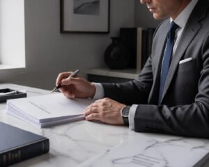 Close-up of a wealth manager in a suit reviewing cross-border tax structures for the business of philanthropy.